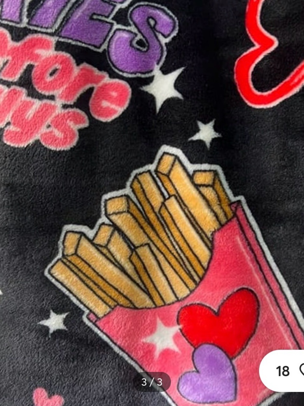 Betsey Johnson Black Plush Throw Blanket with Colorful Fries Before Guys - Picture 3 of 3